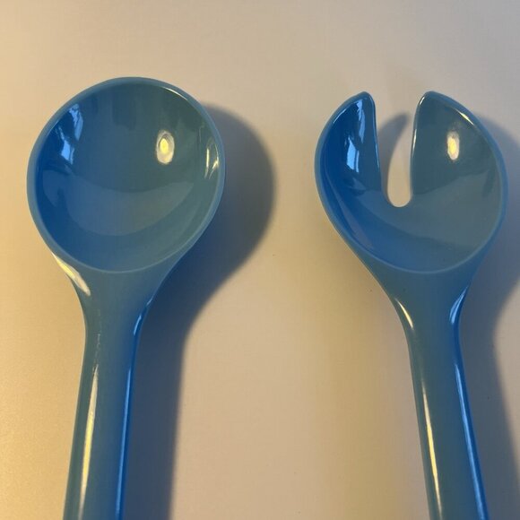 2pc Vintage Melamine Utensils Aqua Blue Salad Servers Serving Slotted Spoon Set - Picture 2 of 6